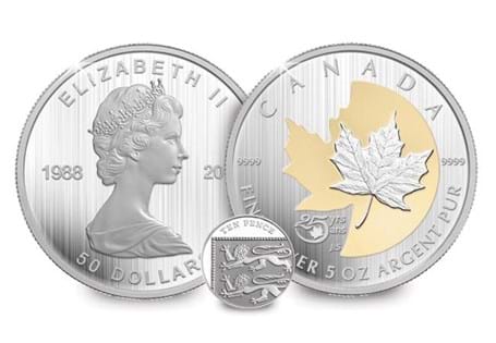 Issued by the Royal Canadian Mint Silver proof 5 oz Maple Leaf coin tocommemorate the 25th anniversary of the Silver Maple Leaf. Struck in 99.99% pure silver to a proof finish. Edition limit 2,000.