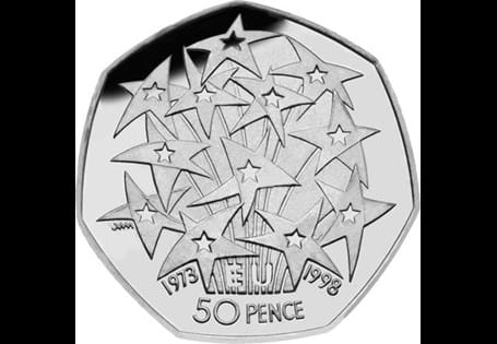 Issued in 1998 to commemorate 25 years of the UK's membership of the EEC. This was the first commemorative coin of the newly-sized 50ps. 