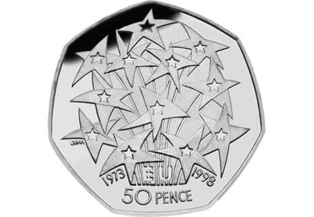 Issued in 1998 to commemorate 25 years of the UK's membership of the EEC. This was the first commemorative coin of the newly-sized 50ps. 