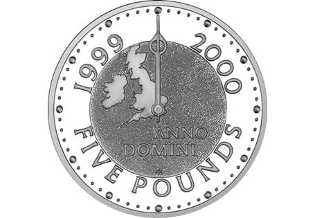 This coin was minted in both 1999 and 2000 to mark the Millennium. The reverse features a pair of clock hands pivoted on Greenwich and set at 12 o clock, with both years either side.