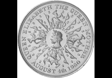 Issued in 1980 to commemorate the 80th birthday of the Queen Mother. Reverse design features her effigy surrounded by a radiating pattern of bows and Lions, along with the date of her 80th birthday.