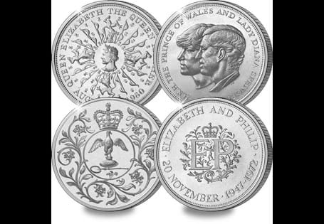 A collection of all 4 of the 25p crowns issued after decimalisation. Includes the following dates: 1972, 1977, 1980 and 1981. Comes with a FREE Change Checker 6 x crown blister page.