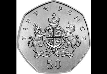 This 50p features Christopher Ironside's Royal Arms design which finished runner-up in a competition to his own design of Britannia which remained on the 50p piece until 2008.