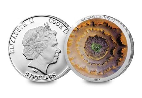 The Moldative Meteorite Impact Coin has been digitally printed on a concave relief, featuring a real moldavite. 