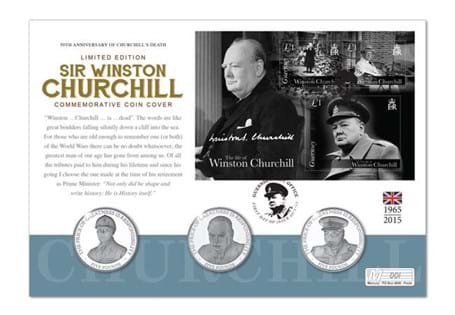 3-coin Commemorative Cover issued to mark the 50th Anniversary of Churchill's death. Featuring three £5 crown coins from Guernsey and an evocative Guernsey Miniature Sheet.