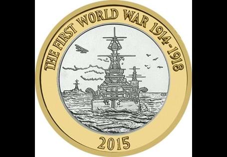 This 2015 Royal Navy £2 is the second in the Royal Mint's 5 year series commemorating the centenary of the first world war. The reverse design features the Royal Navy battle ship.