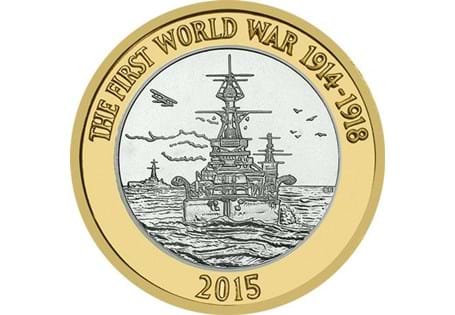 This 2015 Royal Navy £2 is the second in the Royal Mint's 5 year series commemorating the centenary of the first world war. The reverse design features the Royal Navy battle ship.