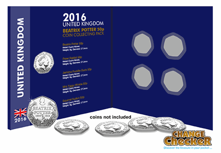 The Beatrix Potter Coin Collecting Pack has space to fit all 5 commemorative coins issued in 2016 to celebrate the 150th Anniversary of Beatrix Potter. Coins are not included.