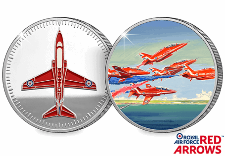 The Red Arrows Silver Plated Medal is officially licensed with the RAF. Reverse features full colour printed design showing the Roll -back manouvre.Obverse features a relief and printed Hawk Aircraft.