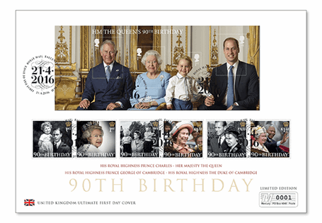 First Day Cover issued in celebration of the Queen's Birthday. Features ALL 6 90th Birthday Stamps and Miniature Sheet from Royal Mail. Postmarked on the first day of issue (21/04/16).