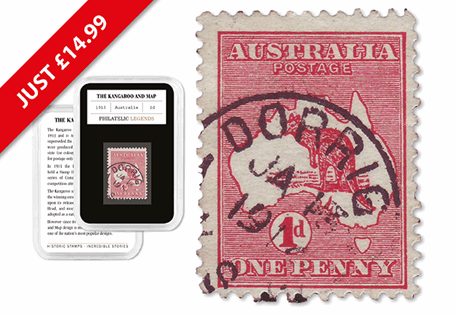 Australia's first ever stamp - the Kangaroo and Map. Comes in protective capsule with story card.