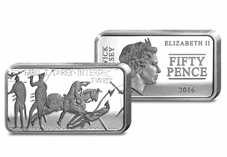This Silver 50p coin bar has been issued to mark the 950th anniversary of the Battle of Hastings and depicts the best known scene in the Bayeux Tapestry. Secure yours today.