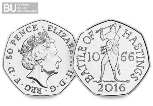 2016 UK Battle of Hastings CERTIFIED BU 50p Obverse and Reverse with BU logo