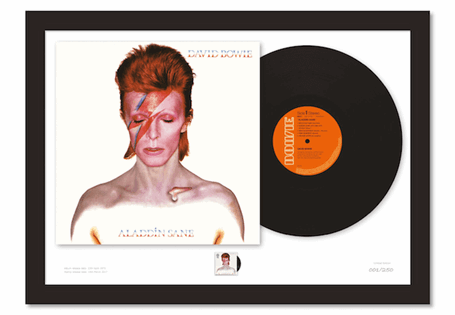Limited Edition A2 Presentation Frame comprising an unplayed Aladdine Sane vinyl album and Royal Mail's 2017 Aladdine Sane stamp. Each presentation will come profesionally framed and ready to hang.