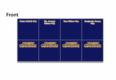 A strip of 8 perforated ID cards for the commemorative coins for 2017. Designs are: Peter Rabbit, Mr. Jeremy Fisher, Tom Kitten, Benjamin Bunny, Isaac Newton, Jane Austen, Aviation and 12-sided £1.