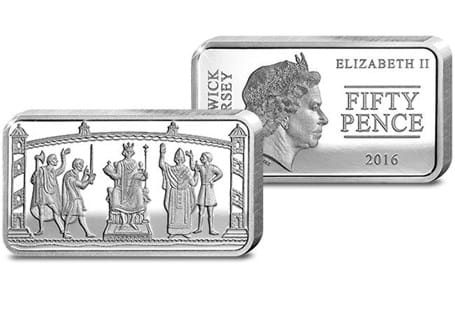 This Silver 50p coin-bar depicts the 'missing scene' from the Bayeux Tapestry - the 70m tapestry that tells the story of the Battle of Hastings. This coin-bar shows William being crowned King.