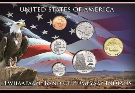 This 2014 Ewiiaapaayp Native American Set contains the $1, 50c, 25c, 10c, 5c and 1c, all struck from cupro-nickel. Comes in presentation pack tohouse the coins.