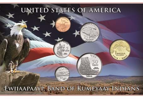 This 2014 Ewiiaapaayp Native American Set contains the $1, 50c, 25c, 10c, 5c and 1c, all struck from cupro-nickel. Comes in presentation pack tohouse the coins.