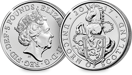 Unicorn of Scotland BU 5 Pound Coin Obverse Reverse