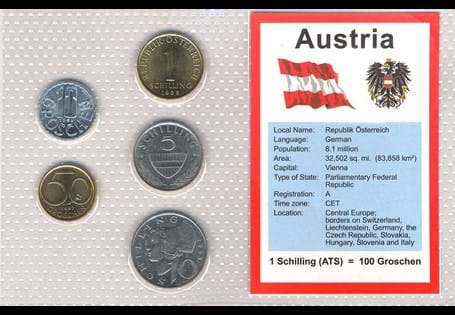 This coin set features the currency of Austria before the intro- duction of the EURO in 2002. It features every denomination from Austria that was still in circulation in 2001.