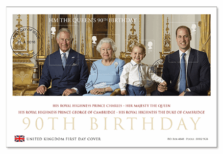 First Day Cover issued in celebration of the Queen's Birthday. Features the official UK Birthday Miniature Sheet. Postmarked on the first day of issue (21/04/16).