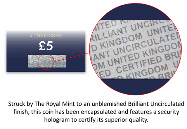 The Platinum Wedding UK Certified BU £5 Coin Hologram