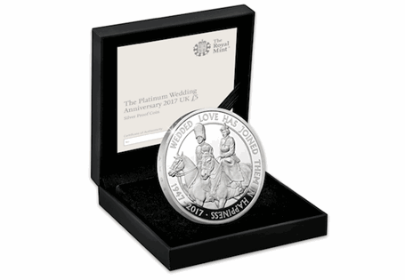 This Silver Proof £5 has been issued by the Royal Mint to celebrate QEII and Prince Philip's 70th Wedding Anniversary. Features double effigy on obverse and equestrian design on reverse. 