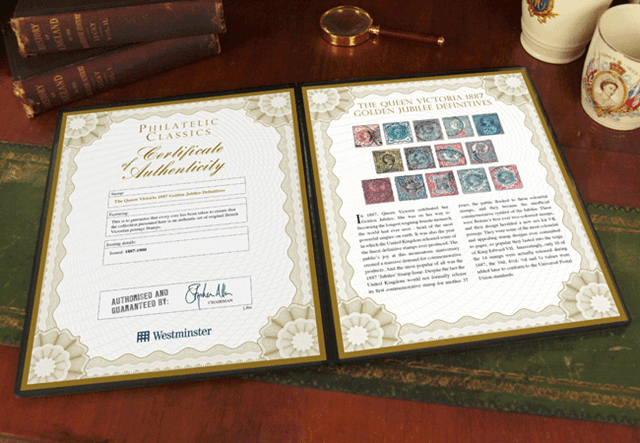 Queen Victoria 1887 Golden Jubilee Definitives on wooden desk
