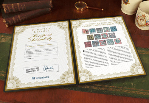 Queen Victoria 1887 Golden Jubilee Definitives on wooden desk
