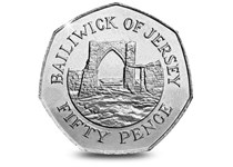 1994 Bailiwick of Jersey 50p coin. Reverse features Grosnez Castle surrounded by the lettering - Bailiwick of Jersey. Obverse features the Arnold Machin engraving of Queen Elizabeth II.

