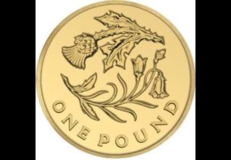 Issued in 2014 as part of the Floral Emblem series of £1 coins. The reverse design features a Thistle and Bluebell, which represents Scotland.