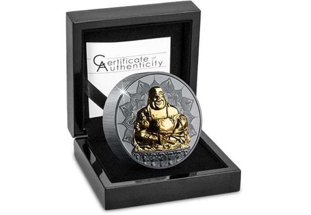 Laughing Buddha Silver 2oz Coin in Display Case