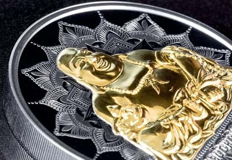 This 2oz coin is struck to a Proof finish from .999 Silver with a black surface. The reverse features a gold-coloured Laughing Buddha gilded in high relief, symbolising happiness, over an mandala.