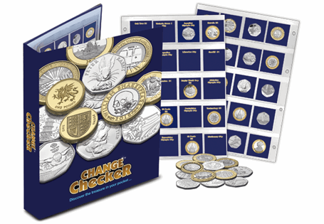 A ring binder album available for Change Checker users to build the full collection of 10p, 50p £1 and £2 coins. Includes 6 PVC pocket pages and ID cards for each coin.
