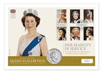 Large Silver Cover issued to commemorate Her Majesty in Service. Features the 2018 UK 1oz Silver Britannia and 2013 Royal Mail Royal Portraits stamps postmarked 1st January 2018. Edition Limit 495.
