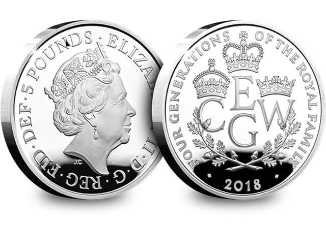UK 2018 Four Generations Of Royalty Silver Proof Five Pound Coin Obverse Reverse