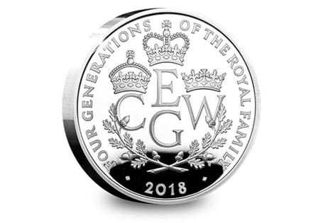 Issued by The Royal Mint to celebrate four generations of royalty making history together. Reverse design combines the graphic elements of initials with more traditional heraldic symbols.