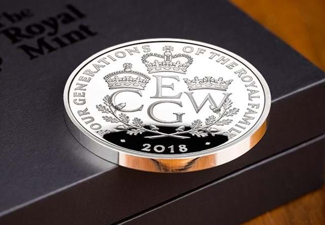 UK 2018 Four Generations Of Royalty Silver Proof Five Pound Coin Reverse on top of display box