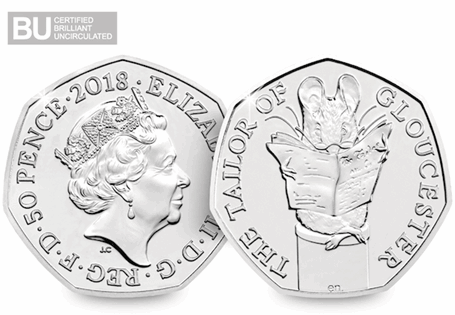 This 50p features the design by Emma Noble of The Tailor of Gloucester, issued by The Royal Mint in 2018. This 50p has been protectively encapsulated and certified as superior BU quality.