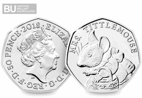 This 50p features the Emma Noble design of Mrs Tittlemouse, issued by The Royal Mint in 2018. This 50p has been protectively encapsulated and certified as superior Brilliant Uncirculated quality.