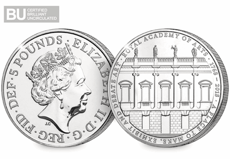 The 2018 UK Royal Academy of Arts CERTIFIED BU £5 has been issued by The Royal Mint to celebrate the 250th Anniversary of The Academy. This Coin has been protectively encapsulated and certified as BU.