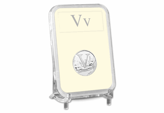 UK 'V' Uncirculated 10p in Encapsulated Slab on Stand