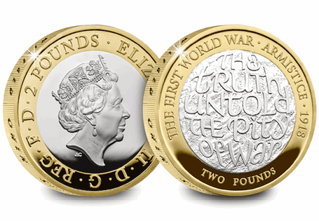 This 2018 WWI Armistice Silver Proof £2 has been issued by The
Royal Mint to commemorate the First World War Armistice in 1918. The reverse
features an inscription of a poem byy Wilfred Owen.