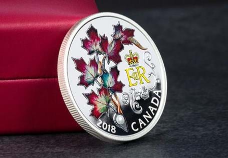 2018 Queen's Maple Leaves Brooch Royal Canadian Mint have replicated The Queens maple leaves brooch in exacting detail - enameled leaves edged with sparkle + Swarovski pearl crystal. 99.99% Silver