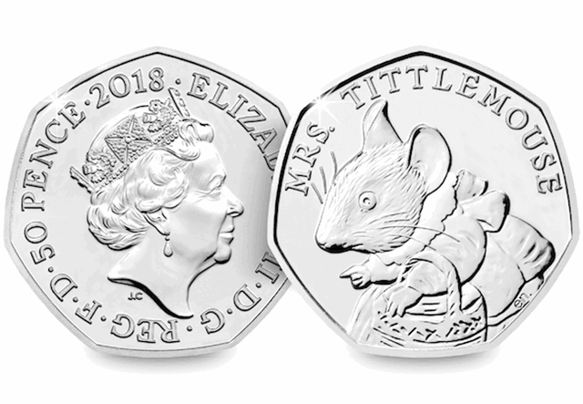 2018 Mrs. Tittlemouse 50p BU Coin Obverse and Reverse