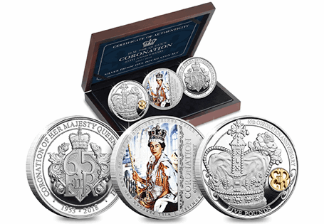 In 2018 Her Majesty celebrates her 65th Coronation Anniversary. To commemorate this, three .925 silver British Isles £5 coins have been released in this set, featuring 3 different brand-new designs.