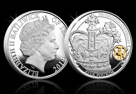 To celebrate Her Majesty's Sapphire Coronation Jubilee, this Silver proof £5 coin has been issued. It features a design for the occasion — the crown jewels alongside the Queen's monogram.