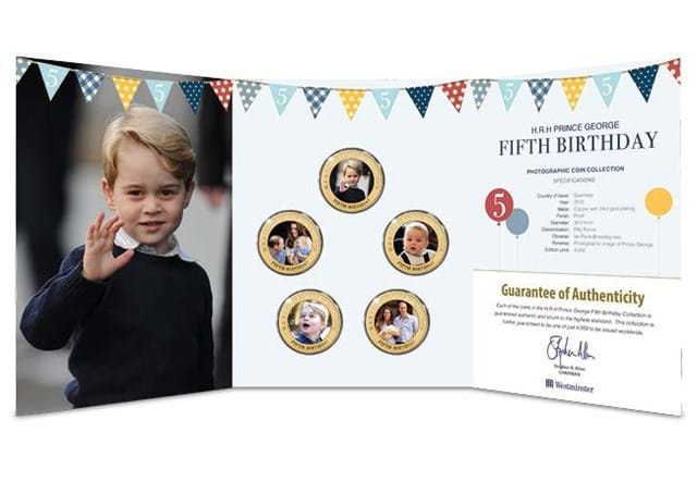 Prince George Fifth Birthday Guernsey Gold Plated Five Coin Set inside
