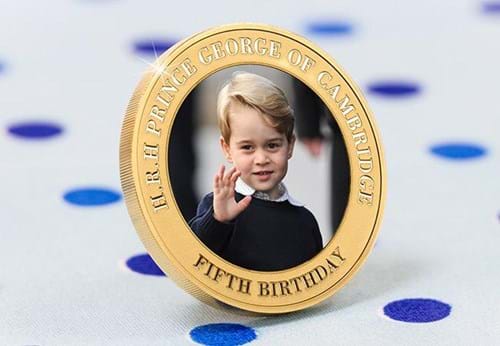 Prince George Fifth Birthday Gold Plated Photographic Coin Against Background