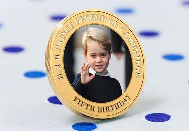 Prince George Fifth Birthday Gold Plated Photographic Coin Against Background